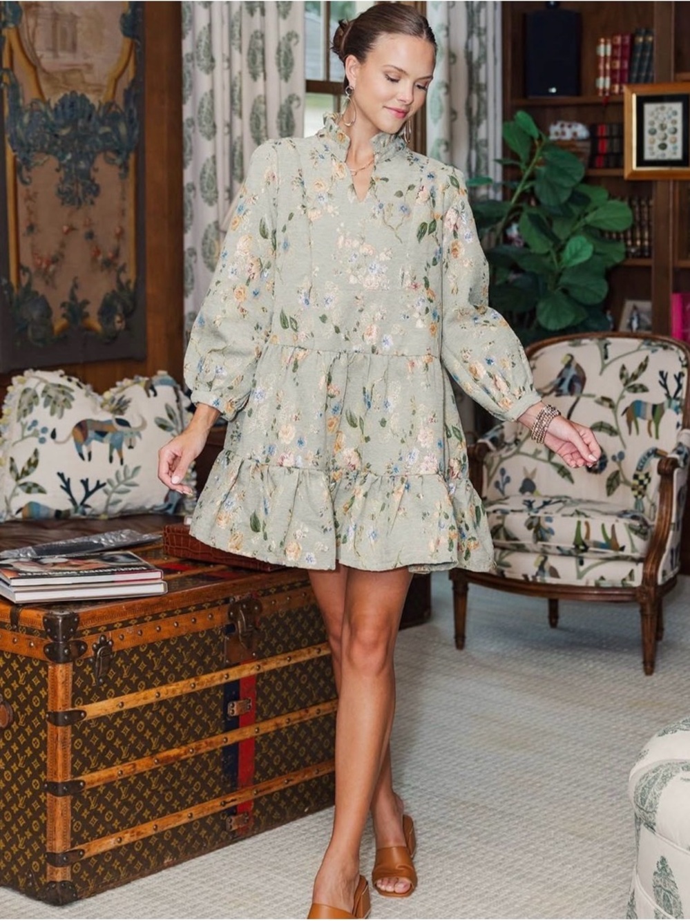 Floral Ruffle Mini Dress in Sage Green